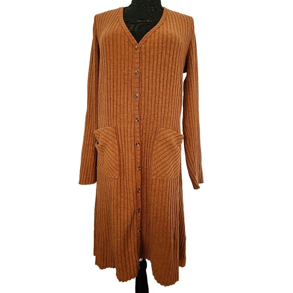 Caramel Button Front Long Ribbed Sweater Cardigan (S)